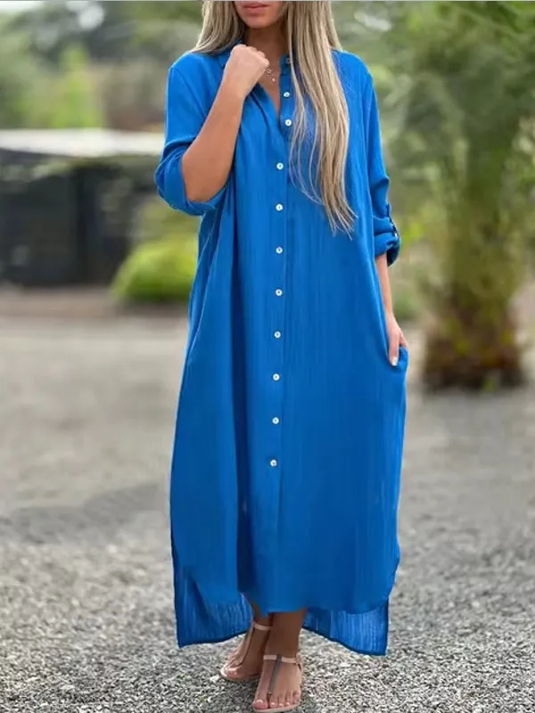 Spring Cotton Linen  Solid Pocket Oversize Shirt Dresses