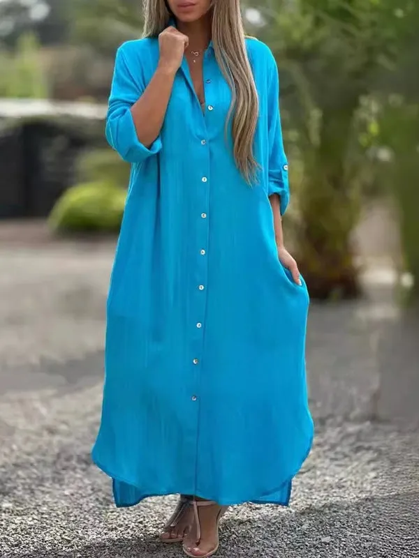 Spring Cotton Linen  Solid Pocket Oversize Shirt Dresses