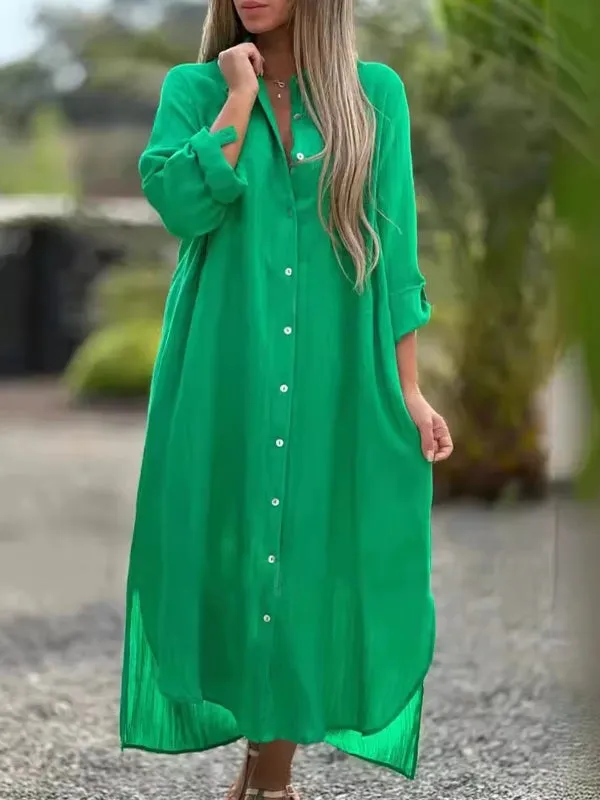 Spring Cotton Linen  Solid Pocket Oversize Shirt Dresses