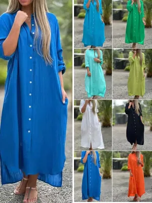 Spring Cotton Linen  Solid Pocket Oversize Shirt Dresses