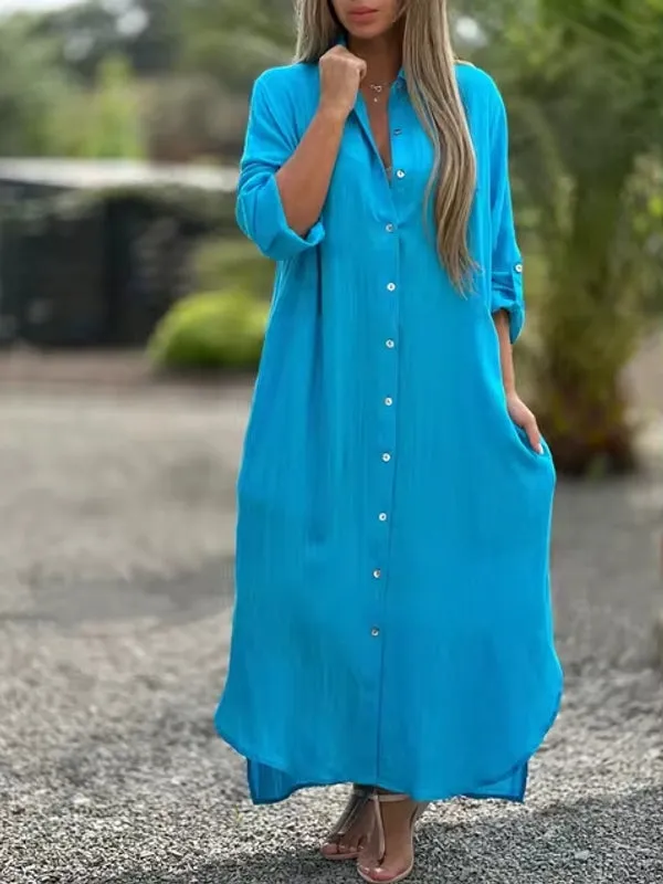 Spring Cotton Linen  Solid Pocket Oversize Shirt Dresses