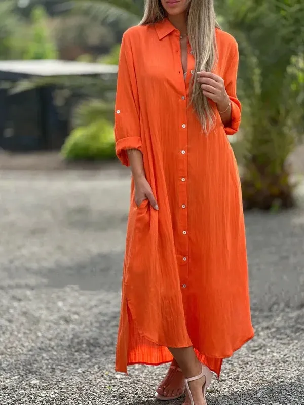 Spring Cotton Linen  Solid Pocket Oversize Shirt Dresses