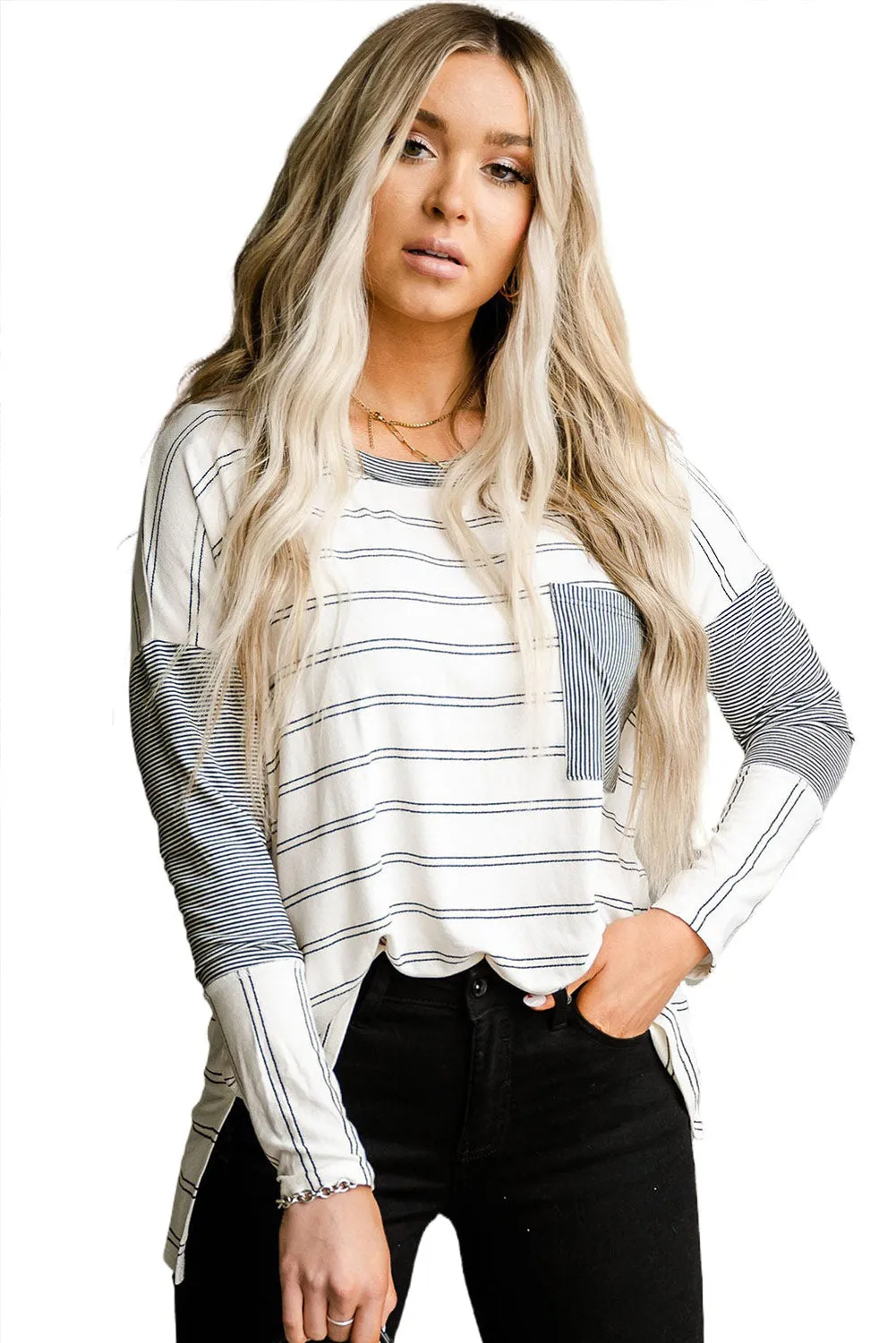 Stripe Patchwork Side Slits Long Sleeve Tee