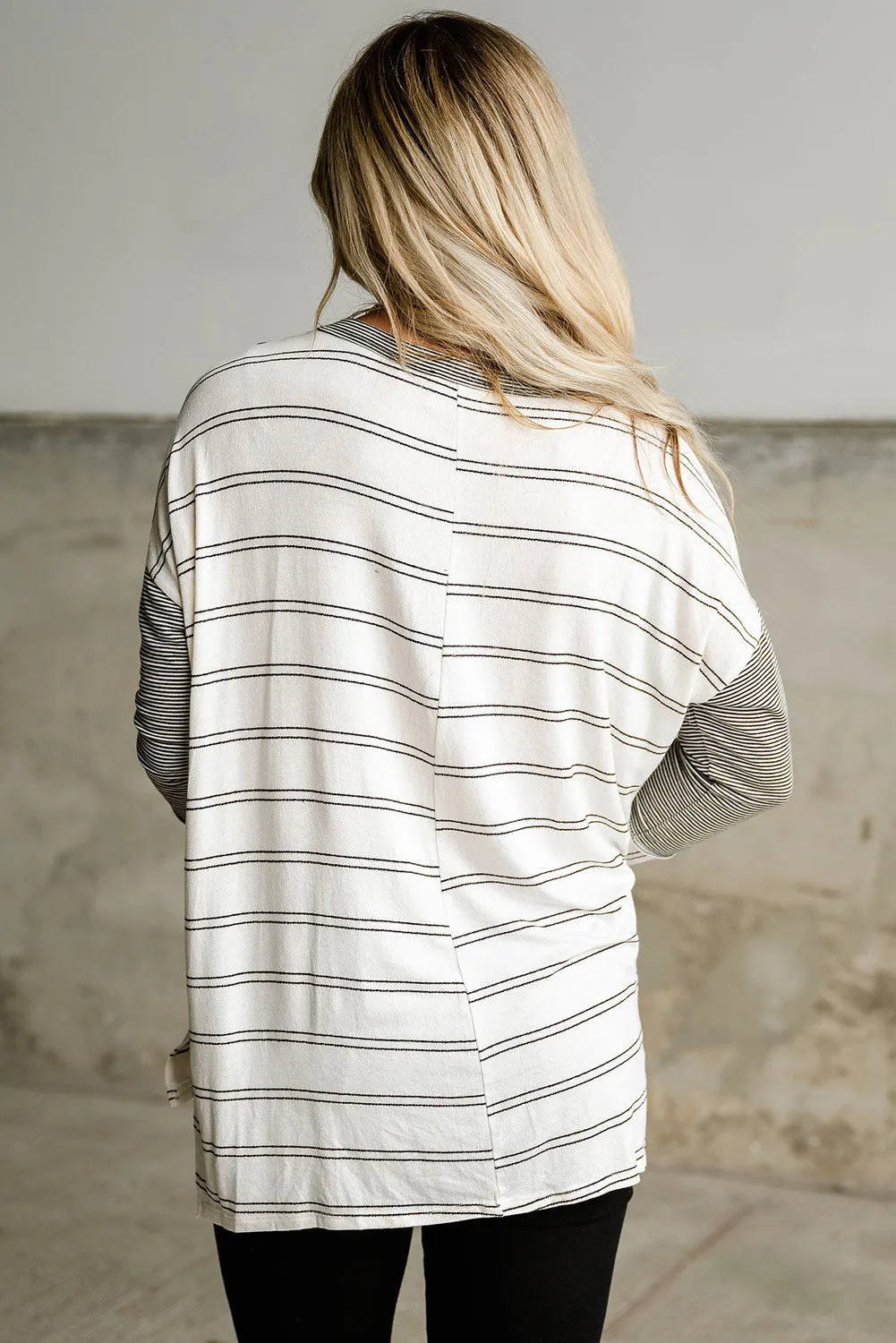 Stripe Patchwork Side Slits Long Sleeve Tee