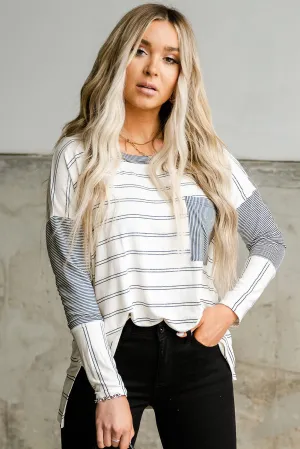 Stripe Patchwork Side Slits Long Sleeve Tee