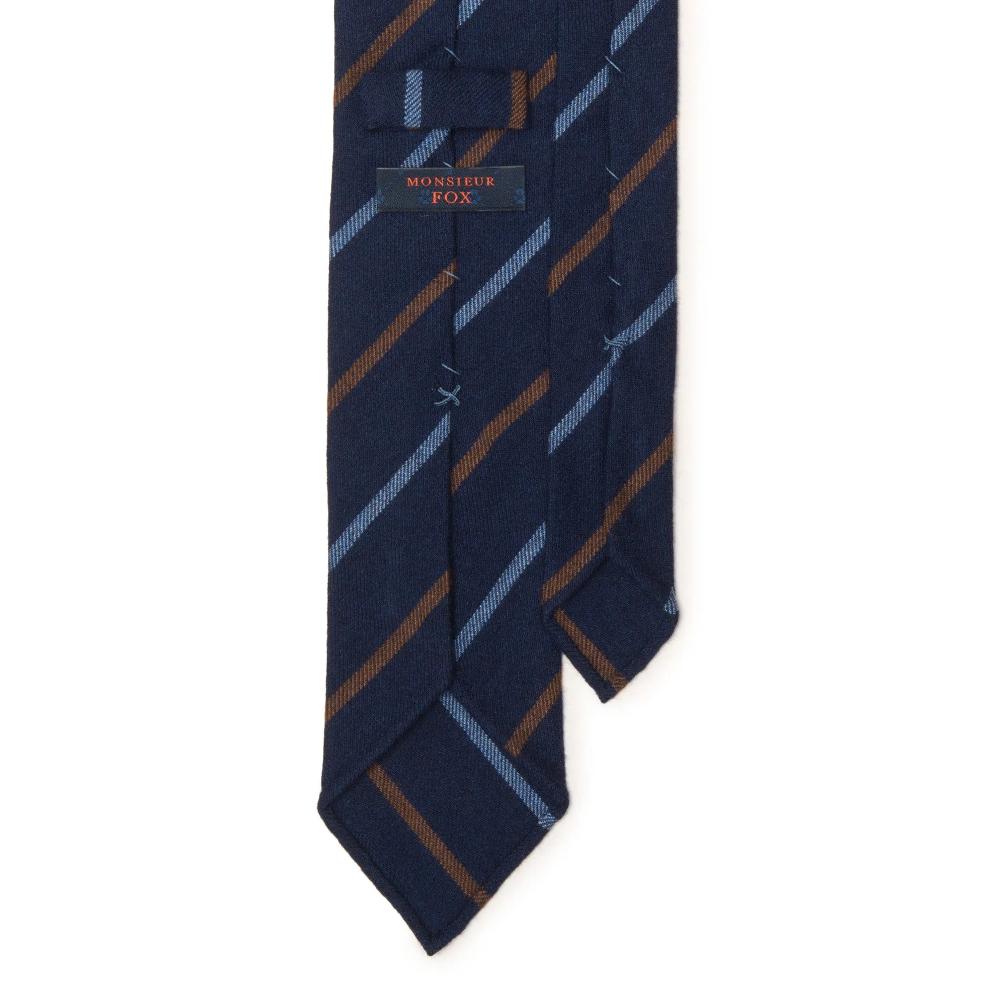 Striped Cashmere Tie - Light Blue and Brown on Dark Navy