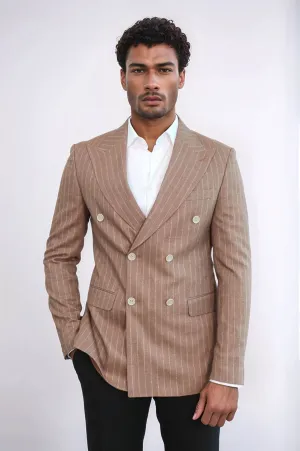 Striped Double Breasted Beige Men Blazer - Wessi
