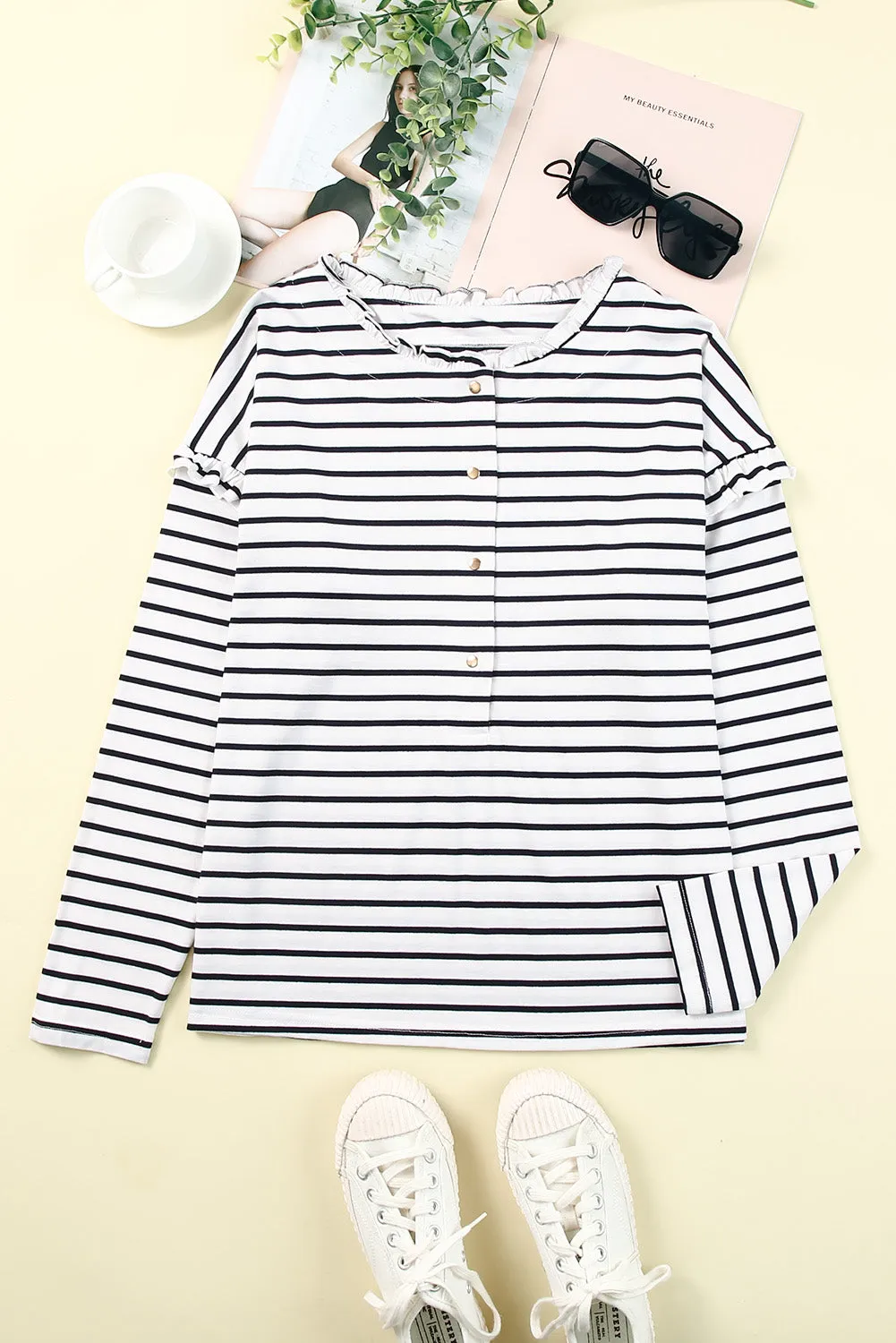 Striped Ruffled Long Sleeve Top