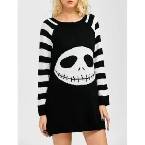 Stripes Ghost Pattern Tunic Shirt Sweater Dress - White And Black S
