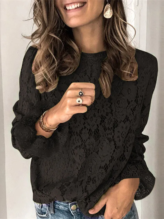 Stunncal Flared sleeve long sleeve hollow lace shirt