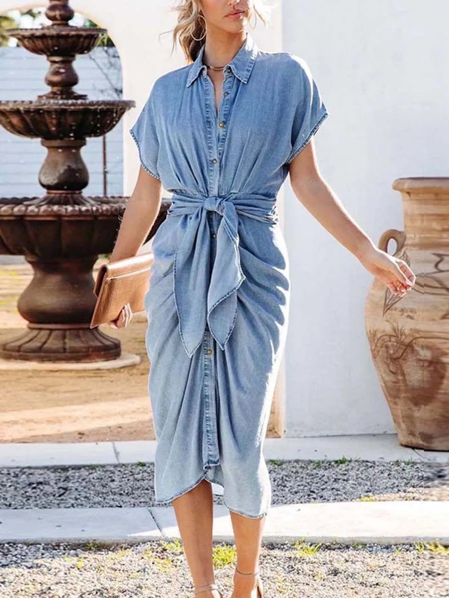Stunncal Shirt Collar Open Pleated Slim Washed Denim Dress