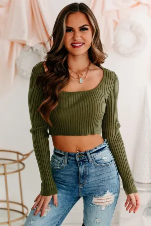 Sweet Kisses Square Neck Ribbed Long Sleeve Crop Top (Olive)