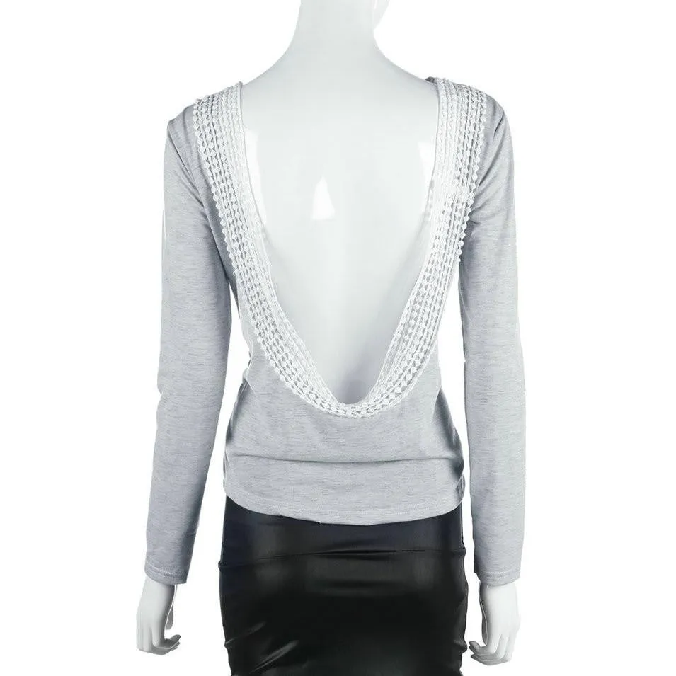 T-shirt Long Sleeve O-Neck Women Backless Tops T-Shirt Cotton Lace Shirt Casual Tee Women Clothing