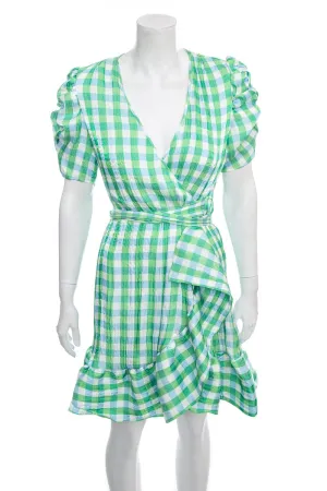 Tanya Taylor Blue & Green Shimmer Plaid Wrap Dress SZ 4