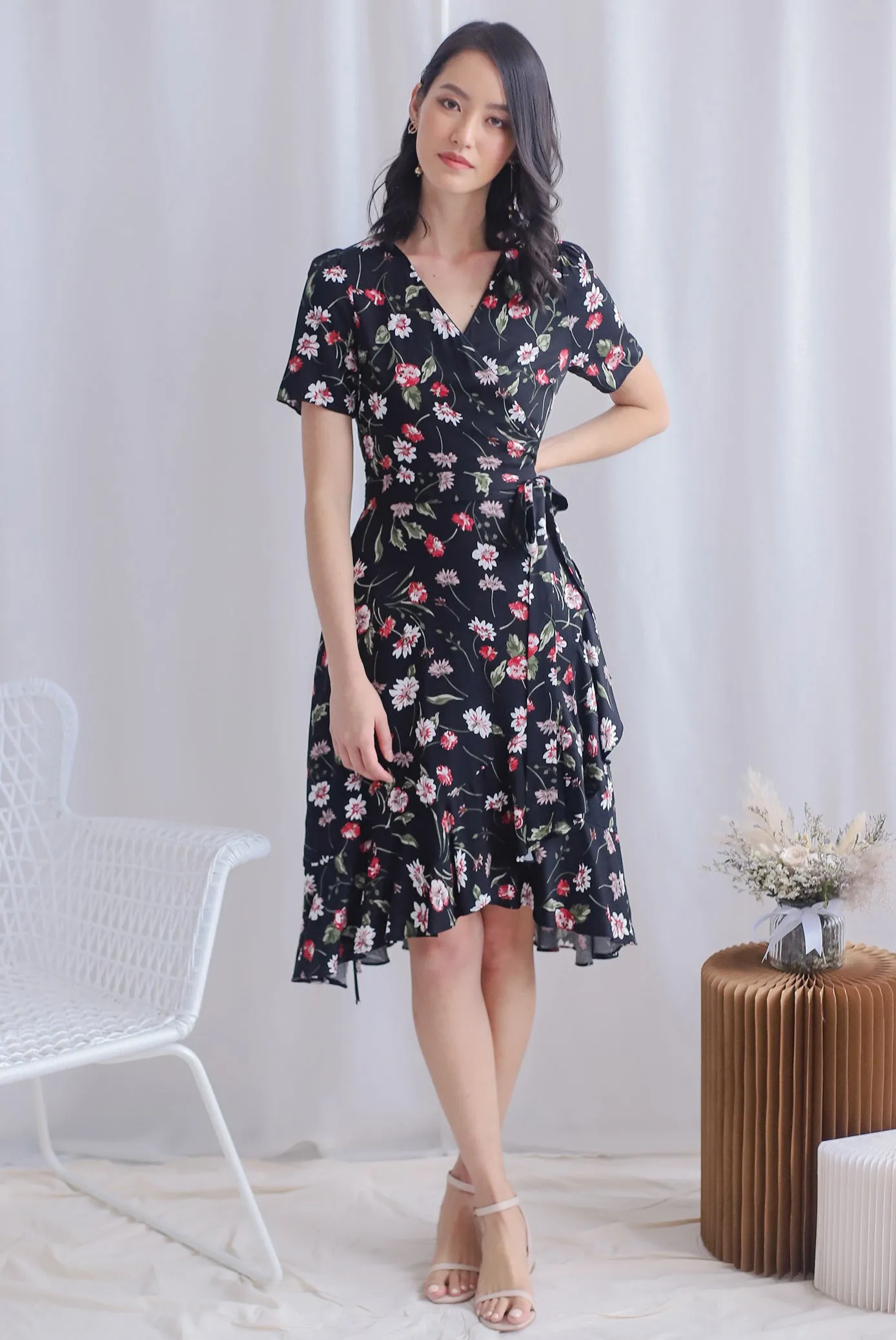 TDC Haylie Floral Wrap Dress In Black