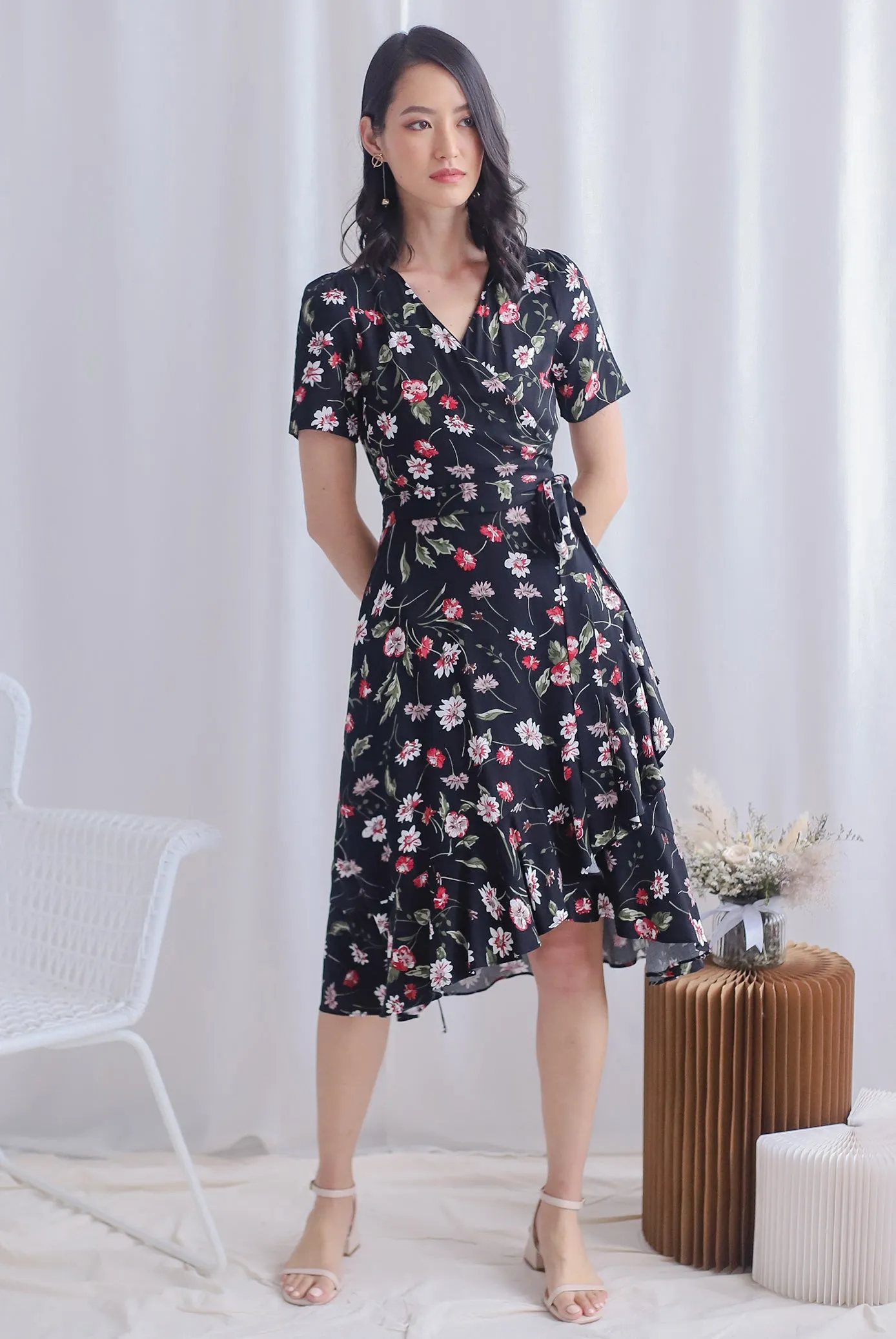 TDC Haylie Floral Wrap Dress In Black