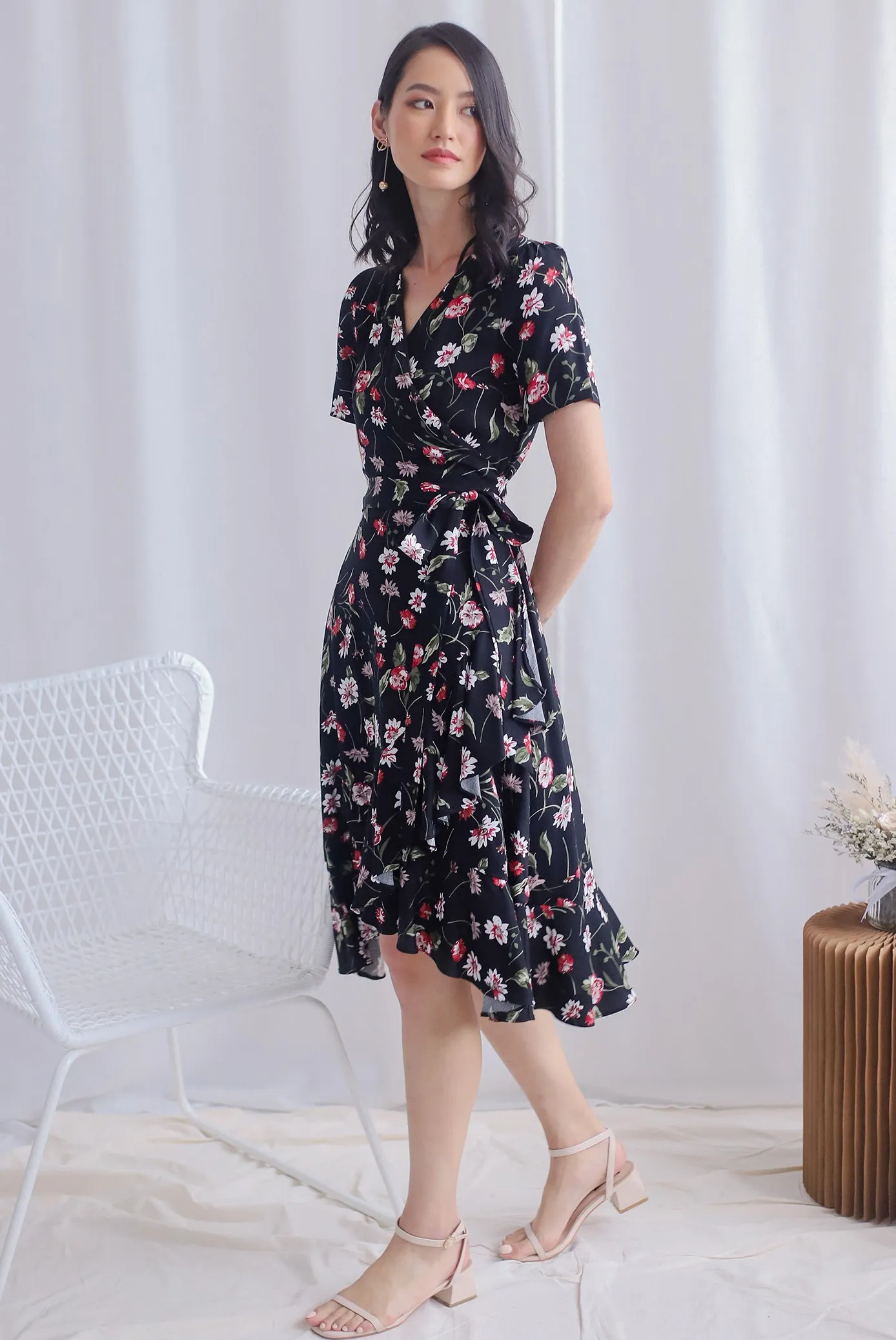 TDC Haylie Floral Wrap Dress In Black