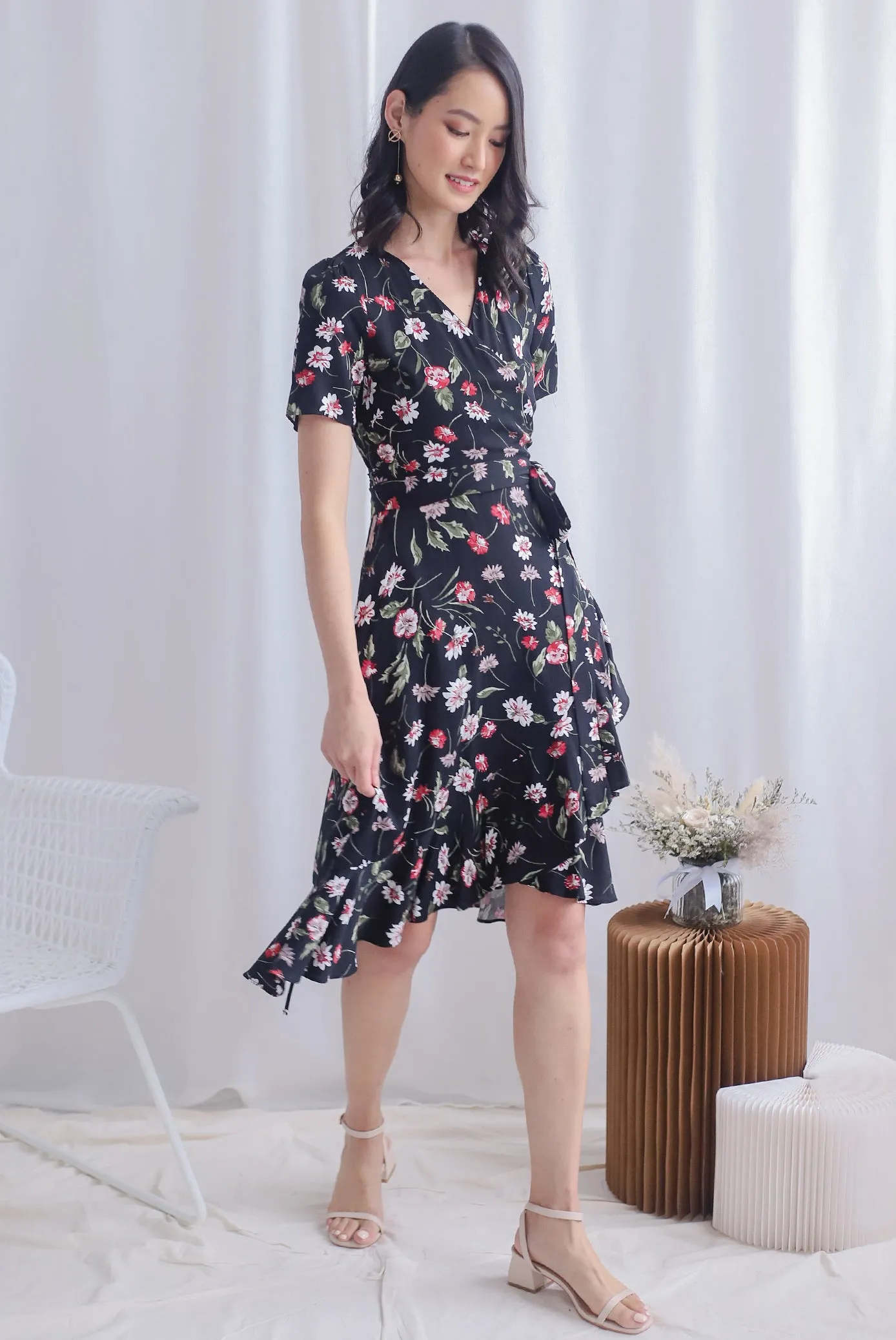 TDC Haylie Floral Wrap Dress In Black