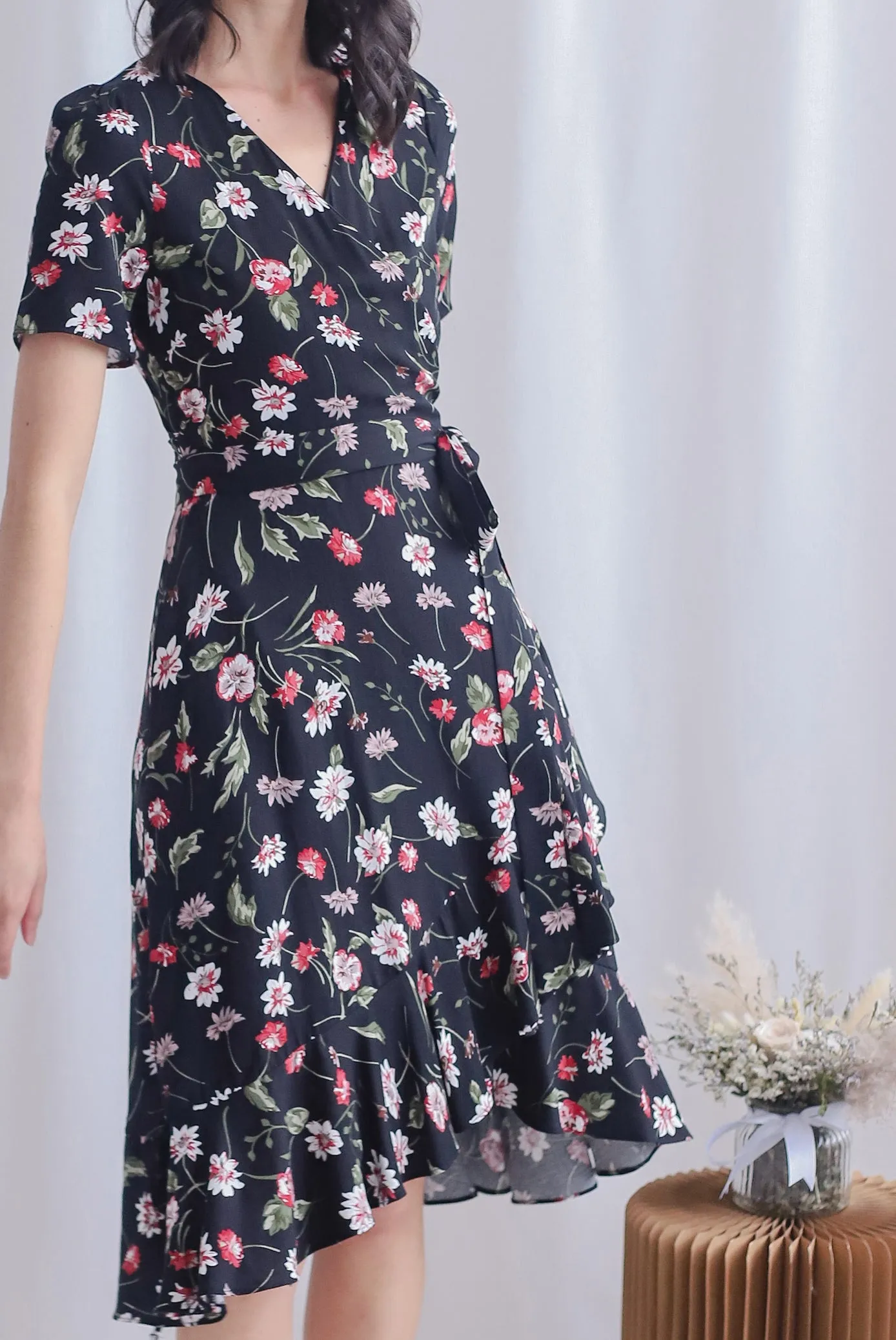 TDC Haylie Floral Wrap Dress In Black