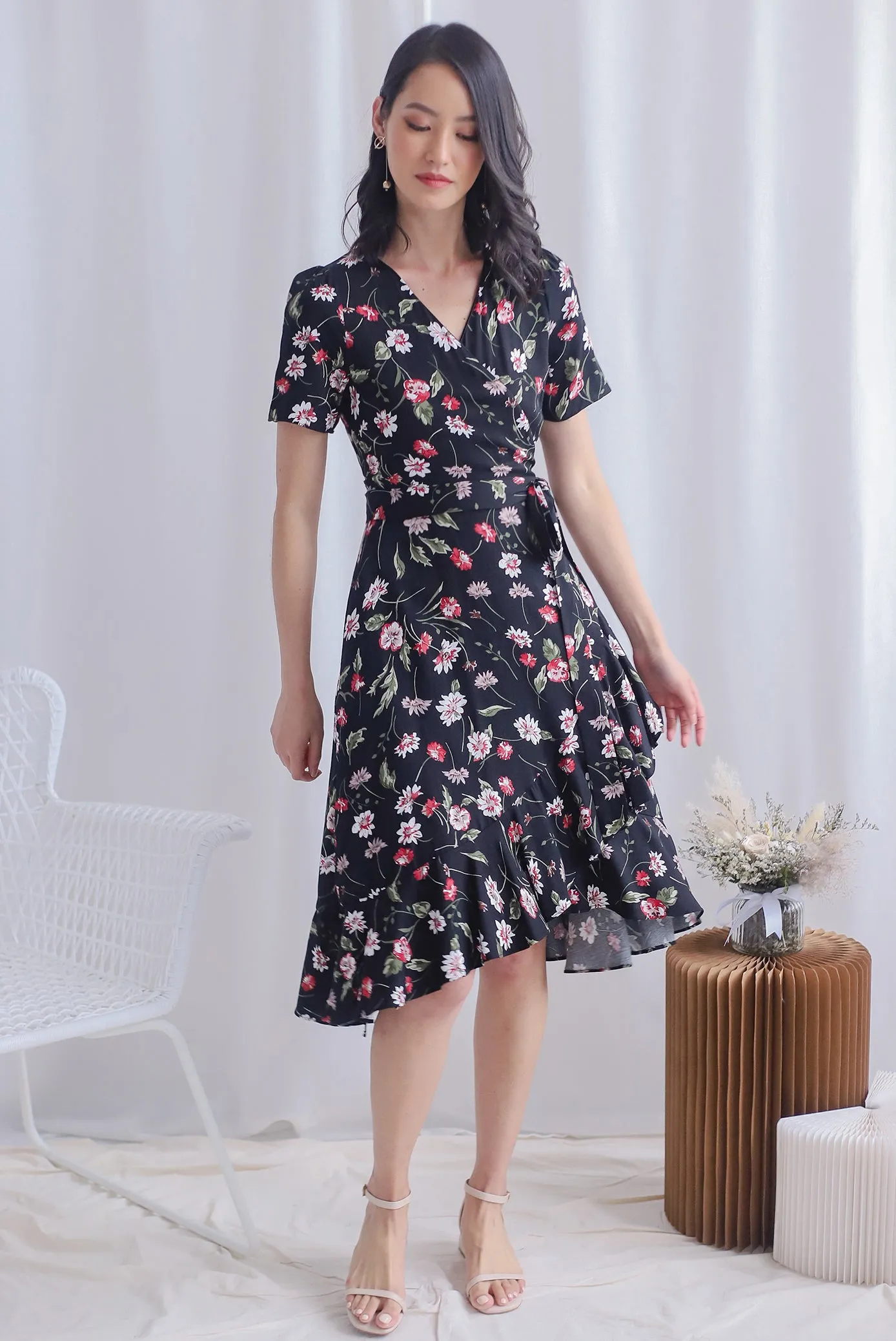 TDC Haylie Floral Wrap Dress In Black