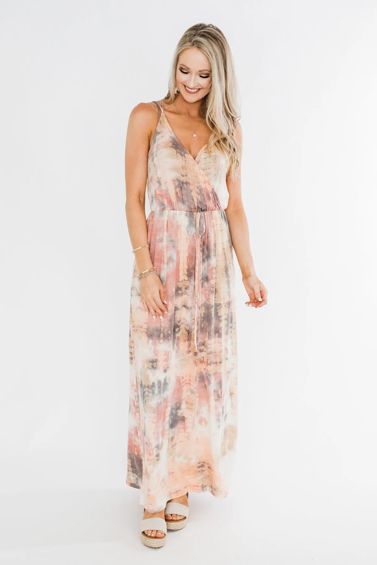 The One Tie Dye Maxi Dress- Peach, Charcoal, Ivory