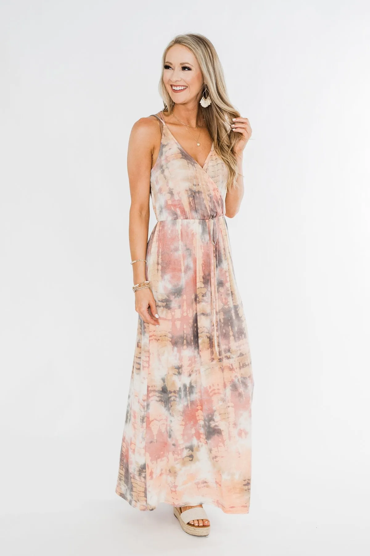 The One Tie Dye Maxi Dress- Peach, Charcoal, Ivory