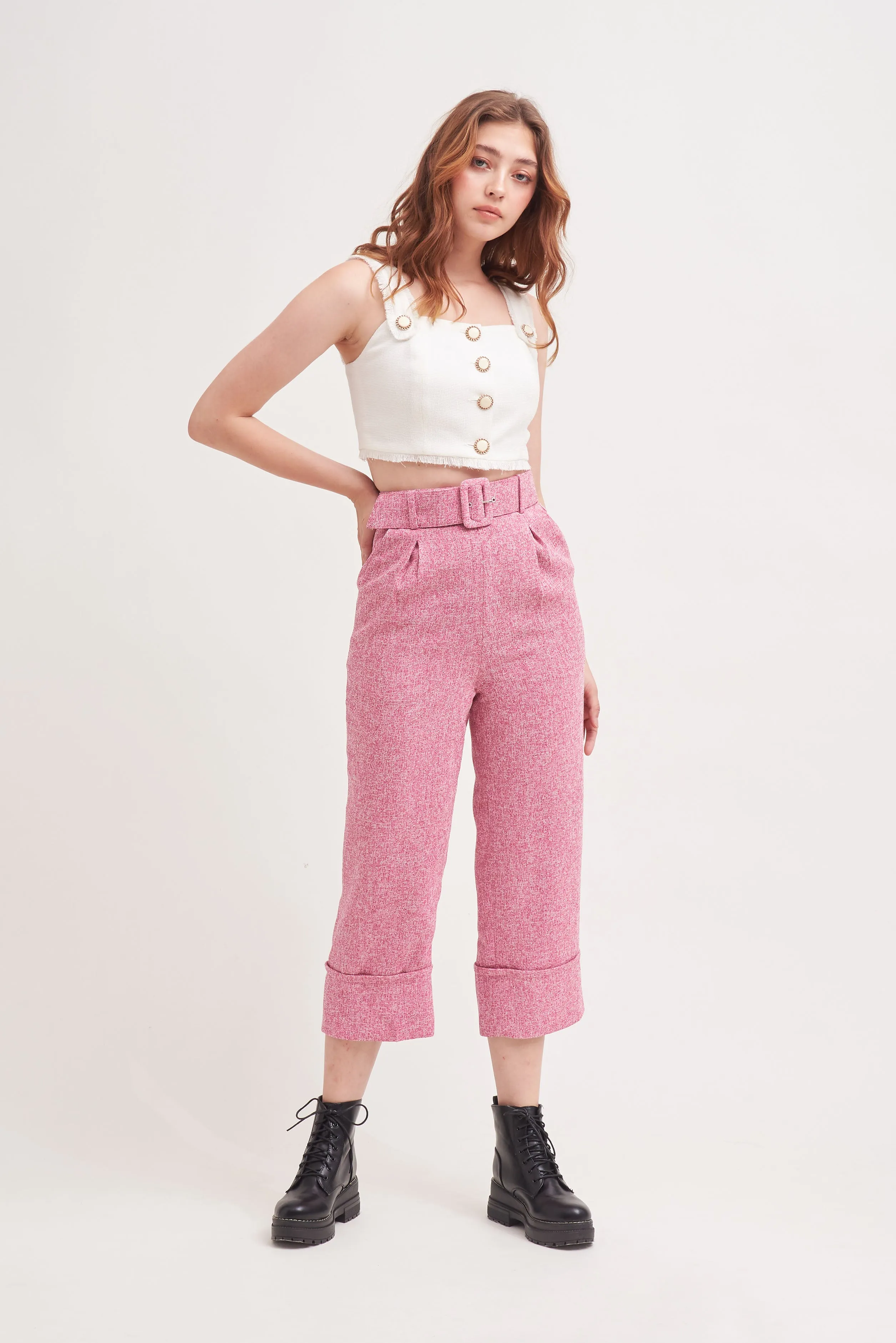 THINK OUTSIDE THE BOX | High Waisted Culottes In Pink Tweed With Belt