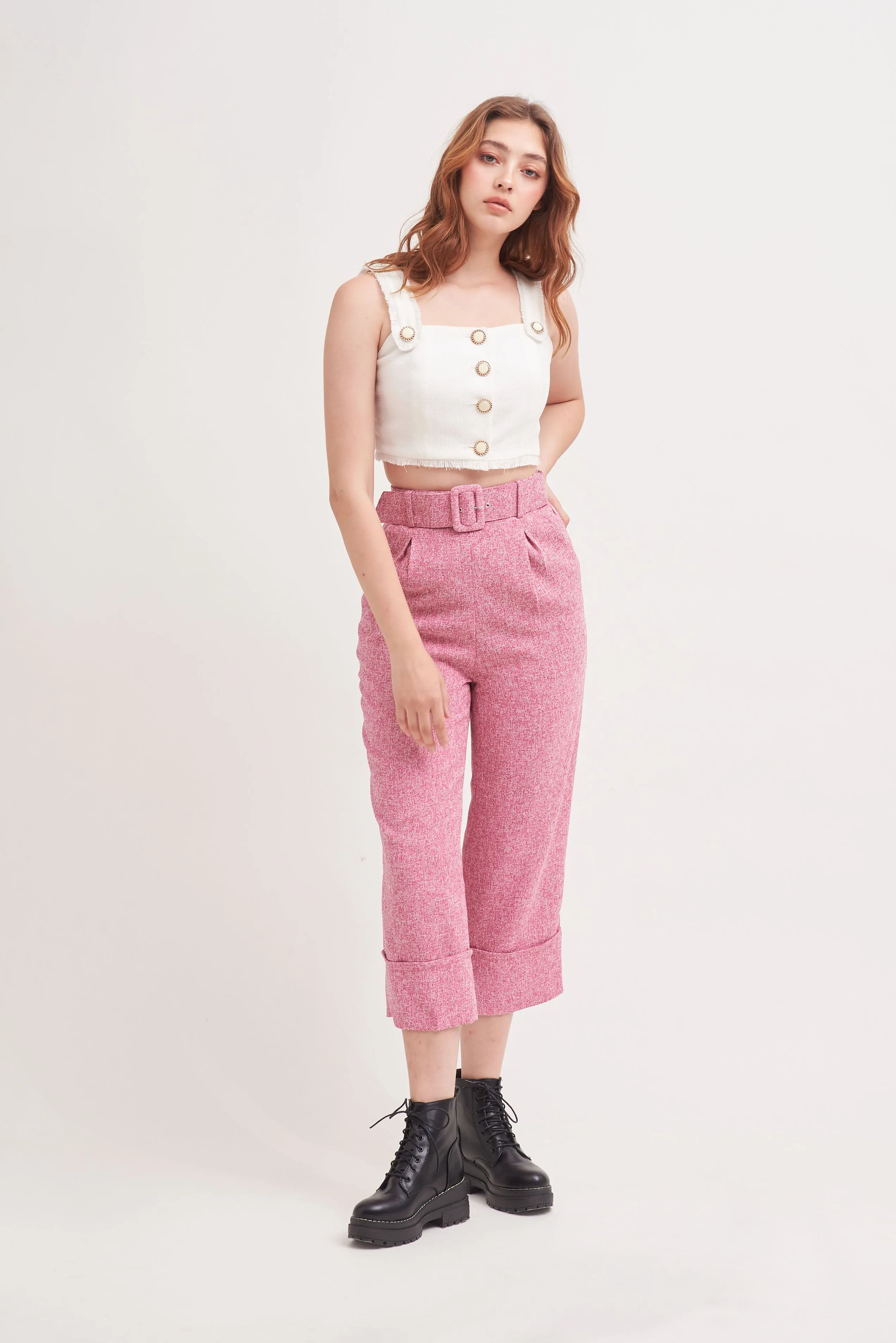 THINK OUTSIDE THE BOX | High Waisted Culottes In Pink Tweed With Belt