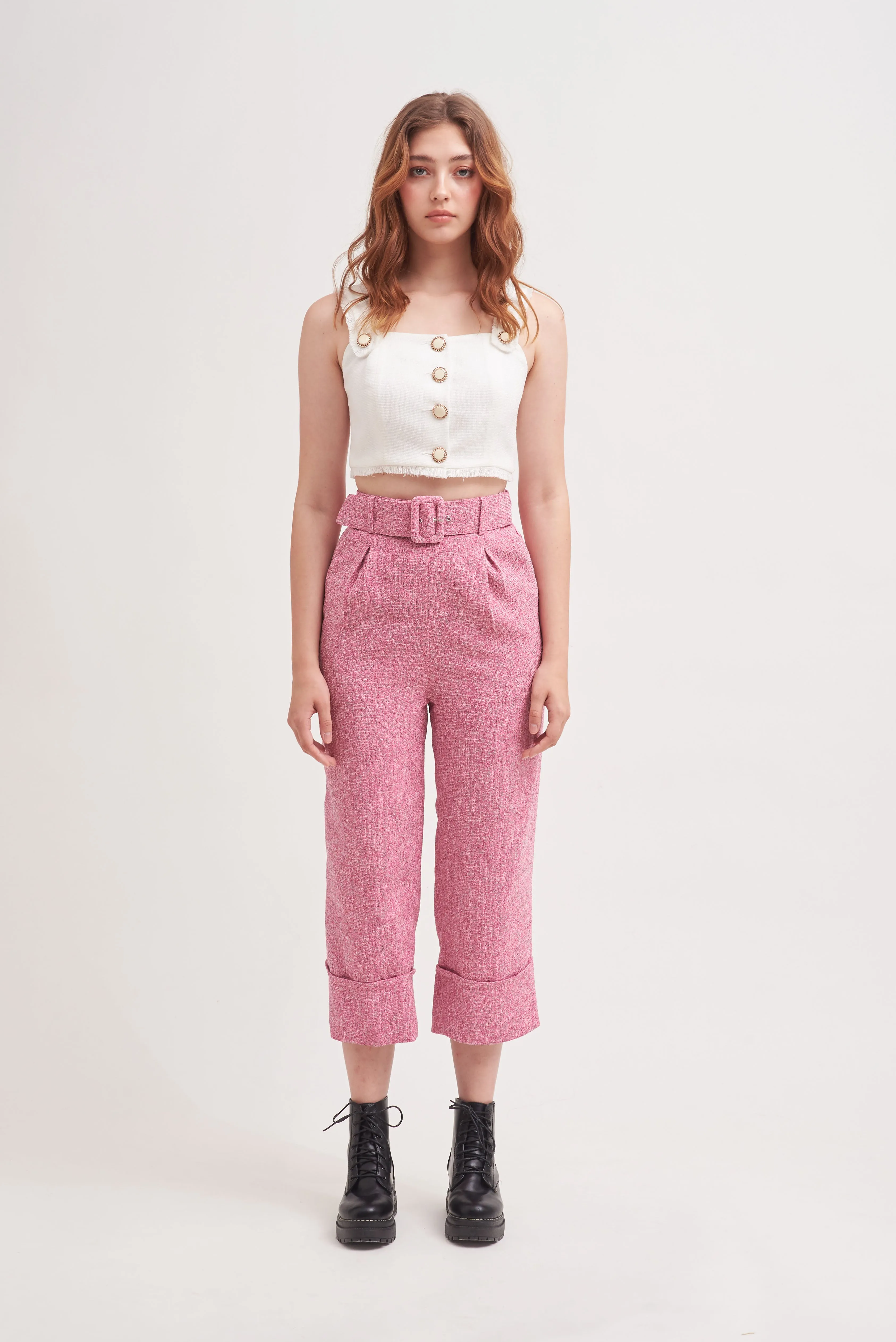THINK OUTSIDE THE BOX | High Waisted Culottes In Pink Tweed With Belt