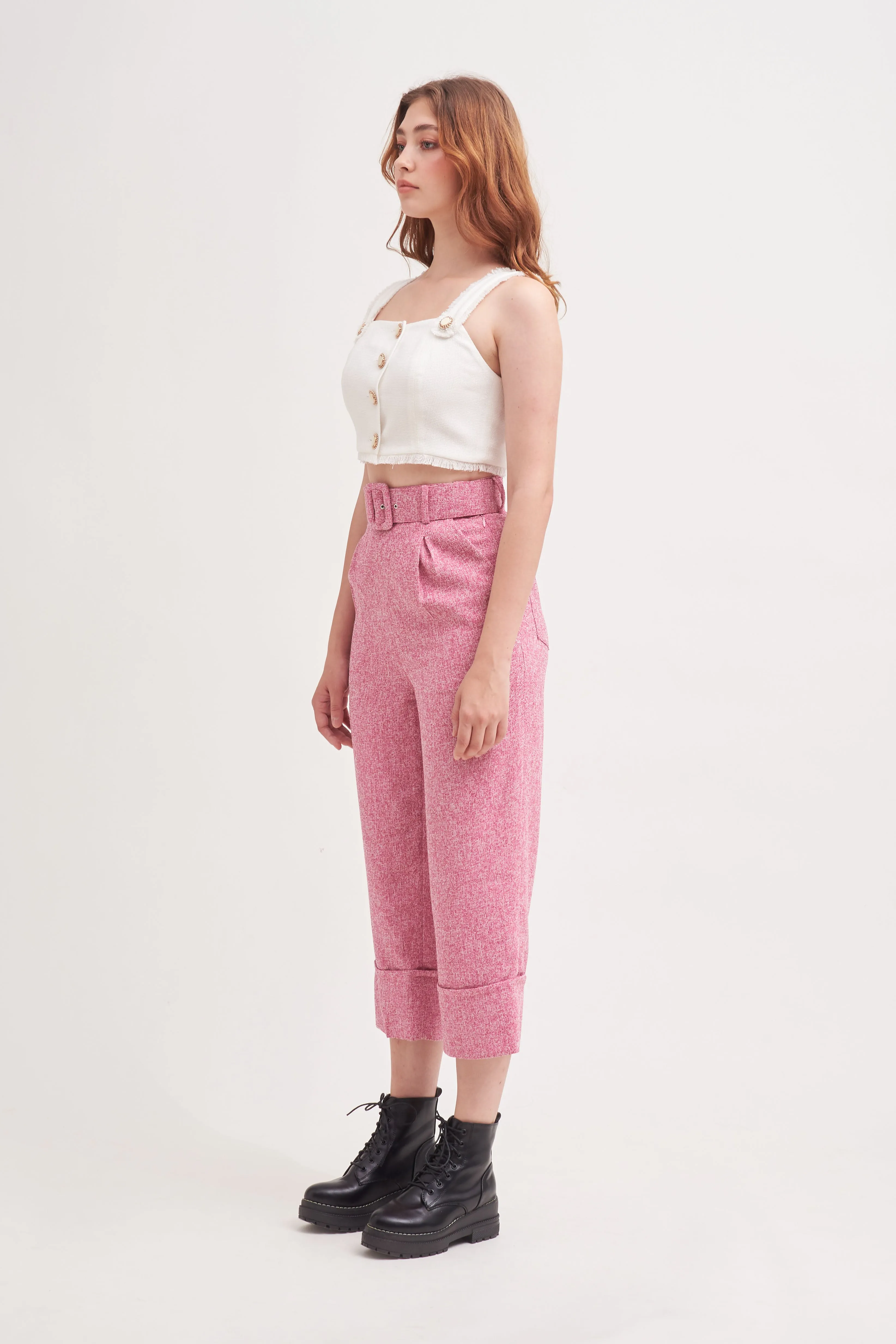 THINK OUTSIDE THE BOX | High Waisted Culottes In Pink Tweed With Belt