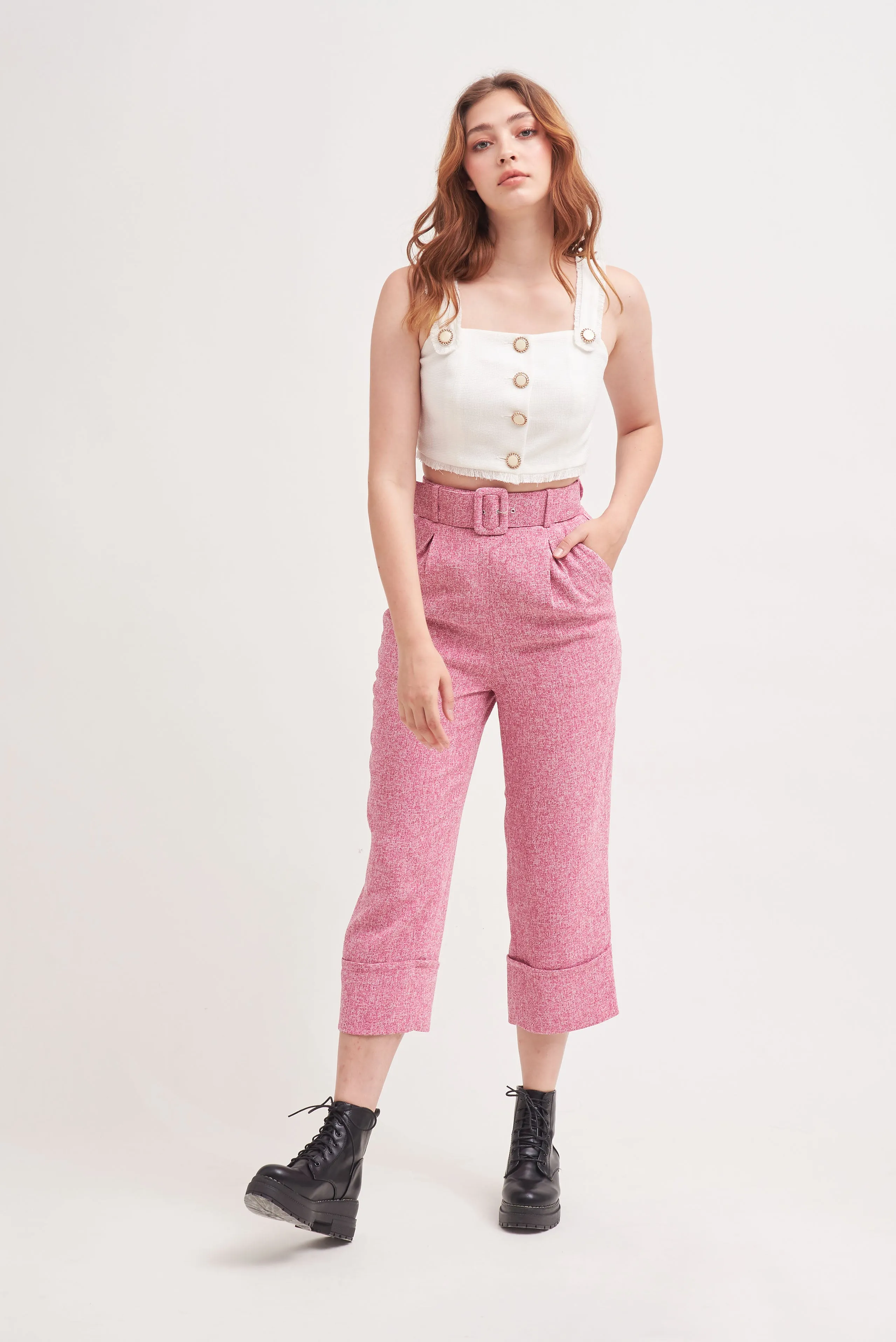 THINK OUTSIDE THE BOX | High Waisted Culottes In Pink Tweed With Belt