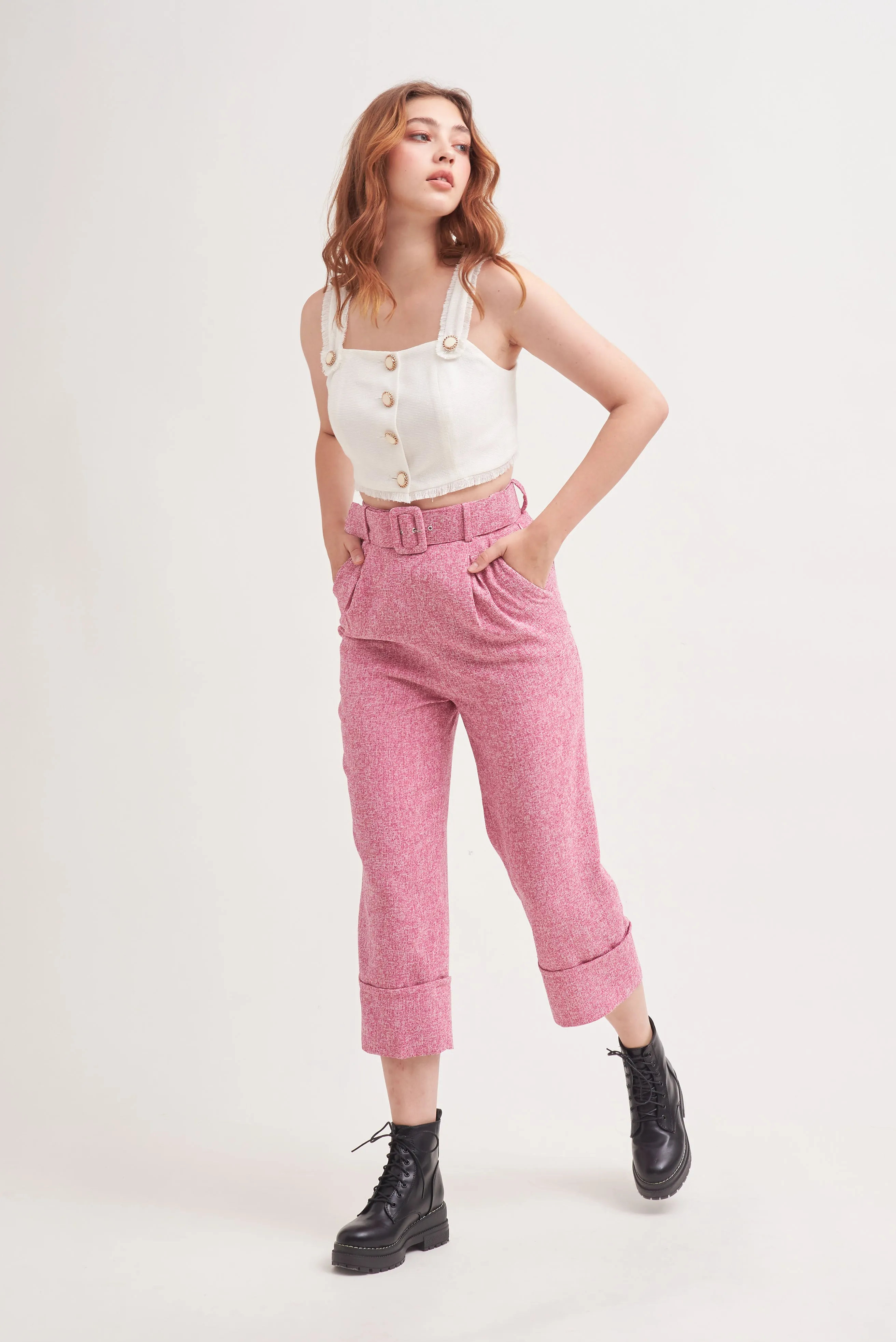 THINK OUTSIDE THE BOX | High Waisted Culottes In Pink Tweed With Belt