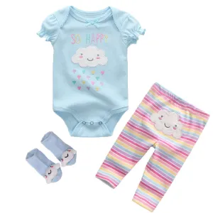 Three Piece Short Sleeve Bodysuit with Pants and Socks Set
