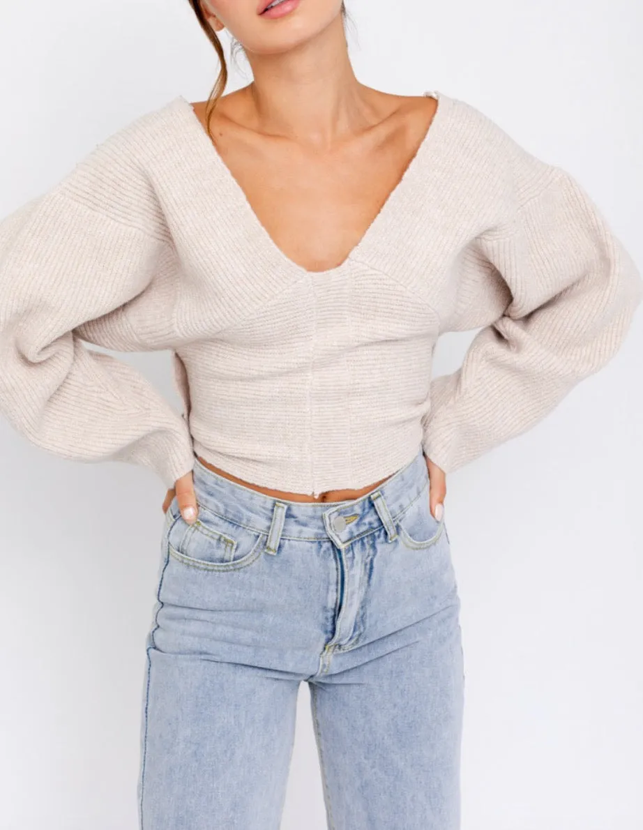Tie Back Drop Shoulder V Neck Sweater