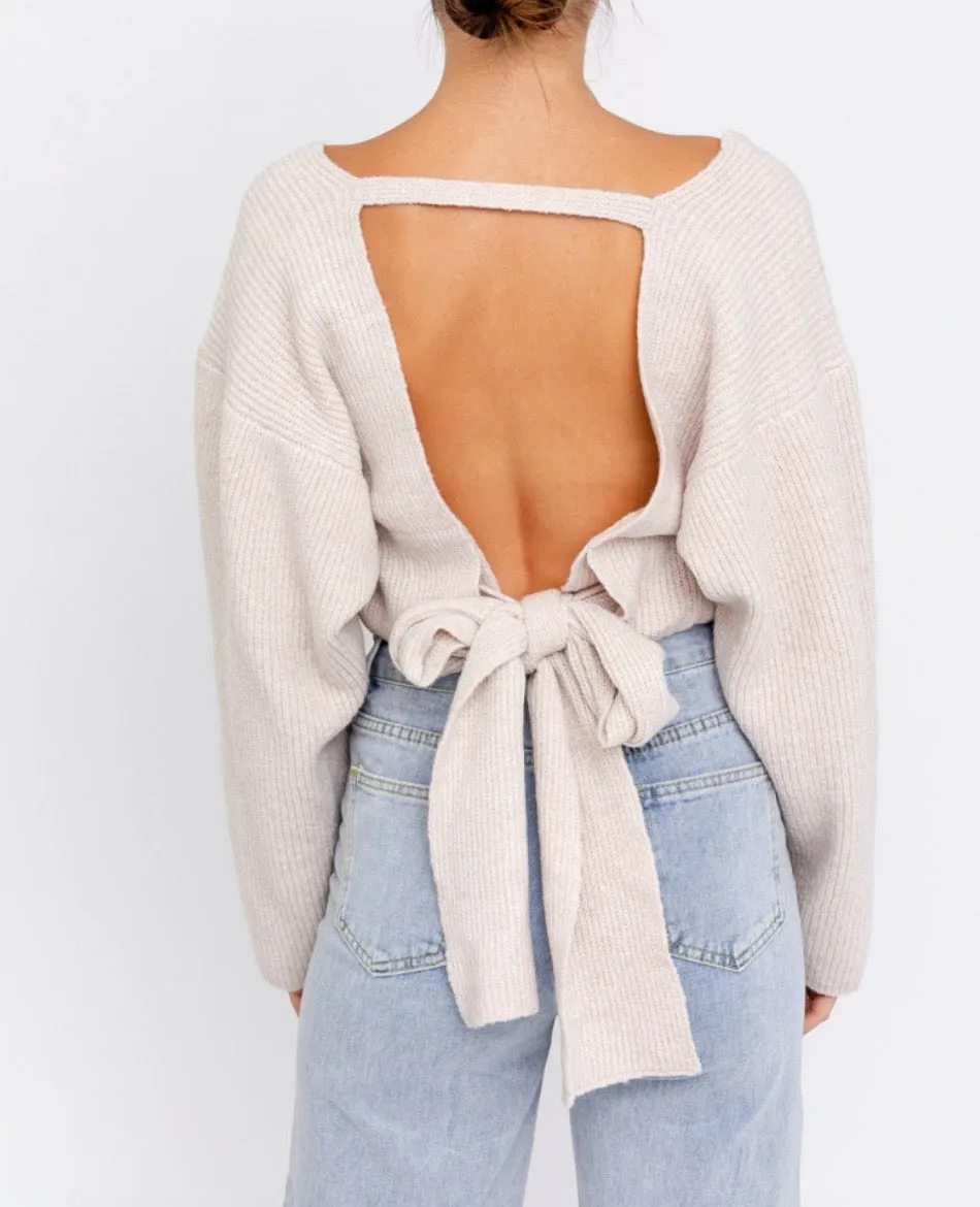 Tie Back Drop Shoulder V Neck Sweater