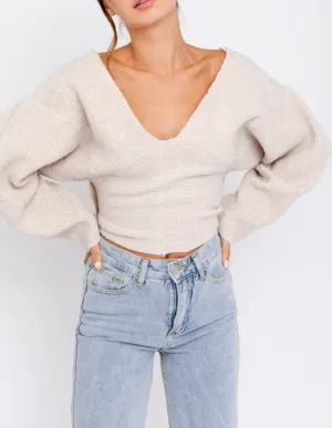 Tie Back Drop Shoulder V Neck Sweater