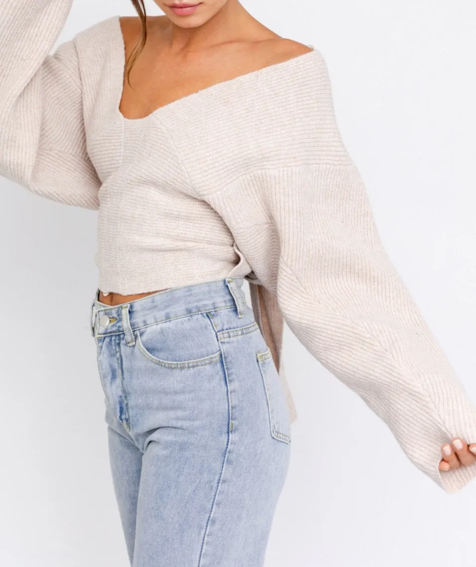 Tie Back Drop Shoulder V Neck Sweater