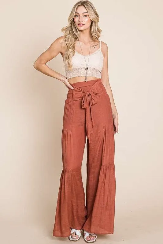 Tie front ruched waist back pants Sizes 1X-3X