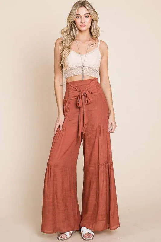 Tie front ruched waist back pants Sizes 1X-3X