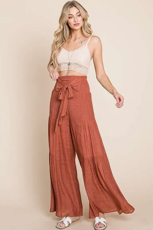 Tie front ruched waist back pants Sizes 1X-3X