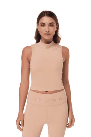 TRIBE OF 6 AERIAL RECYCLED HIGH NECK RACER CROP TOP WITH EMBROIDERED NECK