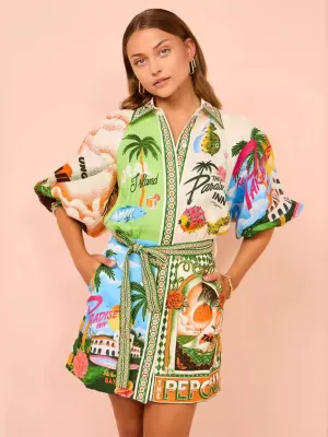 Tropical Print Button-Down Shirt Dress with Belted Waist