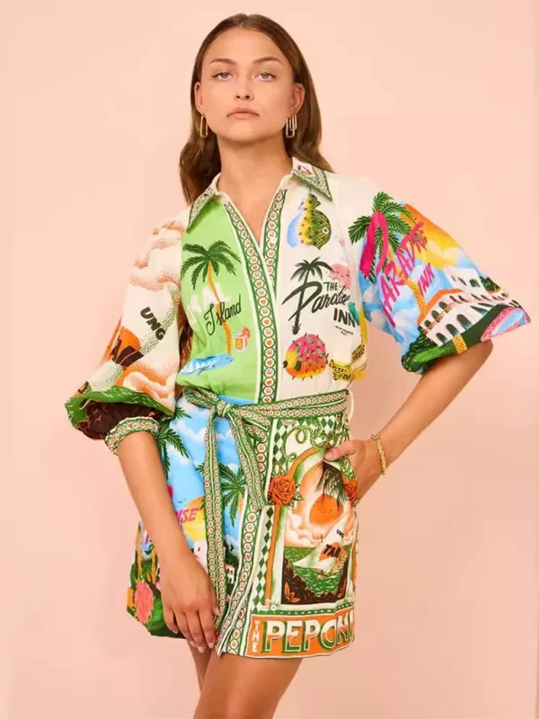 Tropical Print Button-Down Shirt Dress with Belted Waist