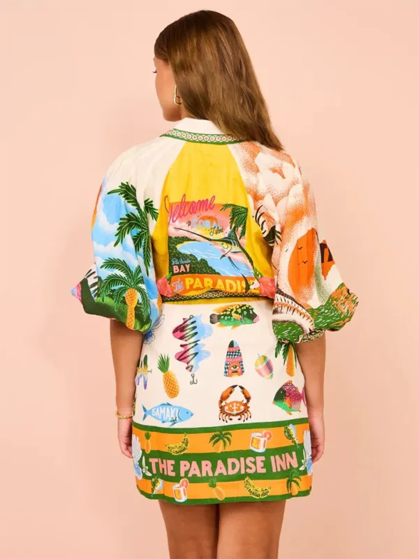 Tropical Print Button-Down Shirt Dress with Belted Waist