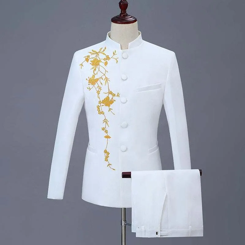Two Pcs Suit Set Men's Casual Boutique Personalized Printed Stand-Up Collar