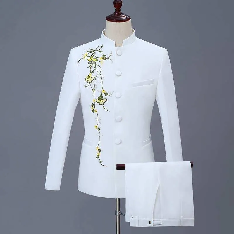 Two Pcs Suit Set Men's Casual Boutique Personalized Printed Stand-Up Collar