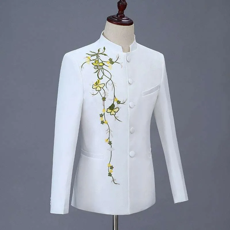 Two Pcs Suit Set Men's Casual Boutique Personalized Printed Stand-Up Collar
