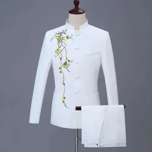 Two Pcs Suit Set Men's Casual Boutique Personalized Printed Stand-Up Collar