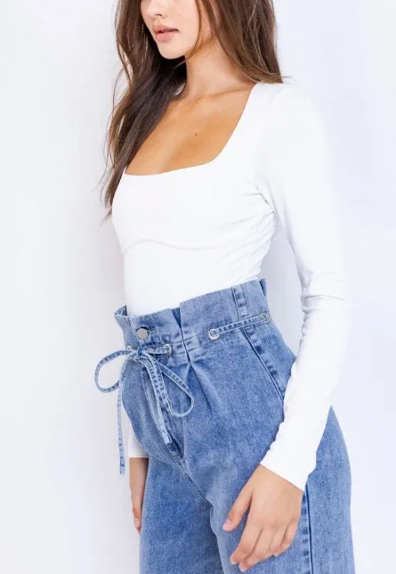 Under Bust Seam Square Neck Long Sleeve Bodysuit
