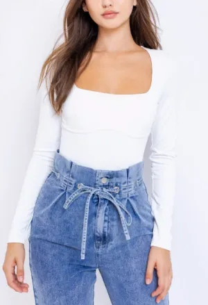 Under Bust Seam Square Neck Long Sleeve Bodysuit
